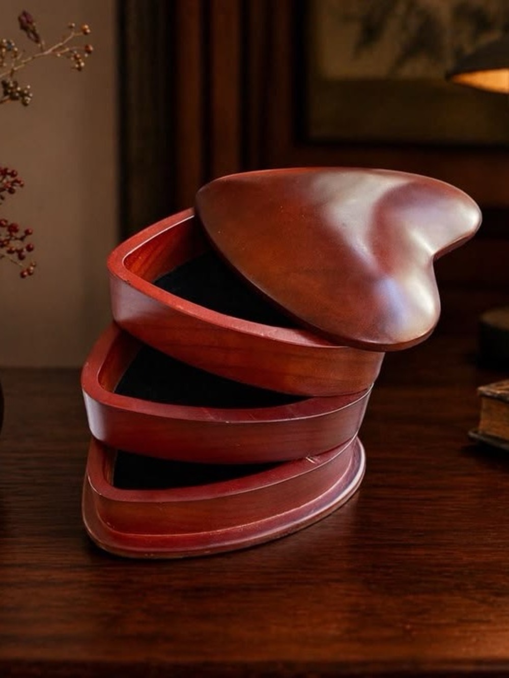 Wooden heart swivel jewelry box